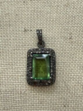 Green Emerald-Cut Tourmaline Pendant with diamonds in Rhodium Plating